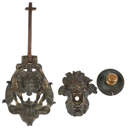 2624 - A good 18th century Italian bronze door knocker and handle circa 1720, the knocker cast with two che... 