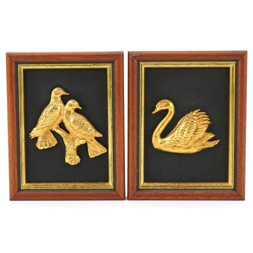 1615 - After Susan Norton, a pair of gold plated relief moulded plaques, one of a swan, the other two perch... 