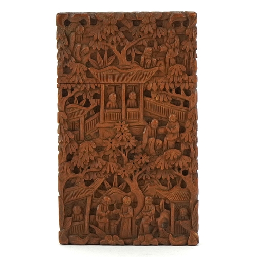 345 - A good Chinese Canton sandalwood card case finely carved with figures and pagodas amongst trees, 9.5... 