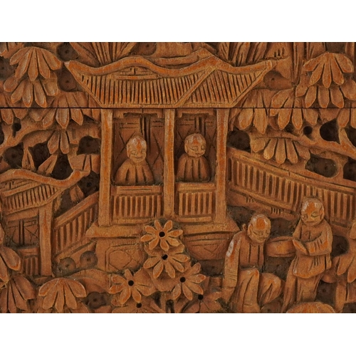 345 - A good Chinese Canton sandalwood card case finely carved with figures and pagodas amongst trees, 9.5... 