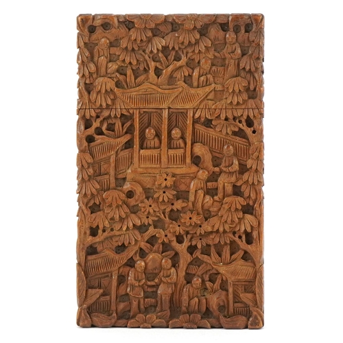 345 - A good Chinese Canton sandalwood card case finely carved with figures and pagodas amongst trees, 9.5... 