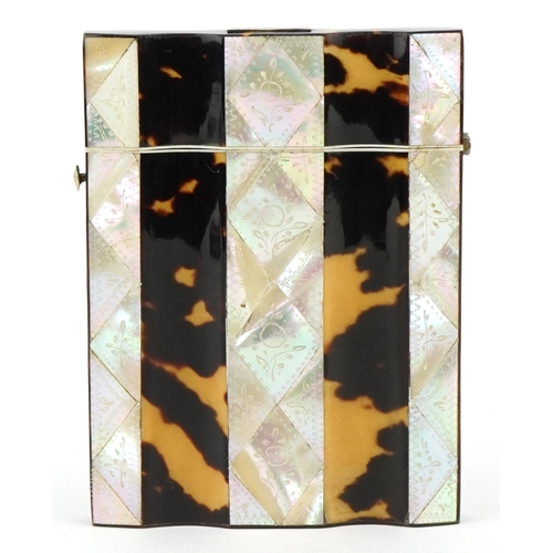 29 - An early 20th century tortoiseshell and mother of pearl card case engraved with flowers, 10cm x 7.5c... 