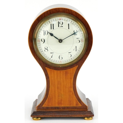 18 - An early 20th century French inlaid mahogany balloon mantle clock having enamelled dial with Arabic ... 