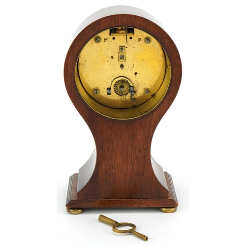 18 - An early 20th century French inlaid mahogany balloon mantle clock having enamelled dial with Arabic ... 