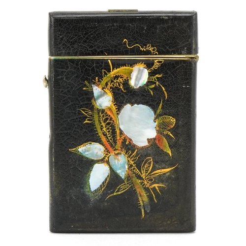 30 - A late 19th/early 20th century papier mâché card case with mother of pearl inlay and hand painted wi... 