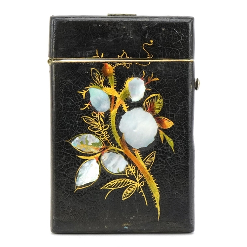 30 - A late 19th/early 20th century papier mâché card case with mother of pearl inlay and hand painted wi... 