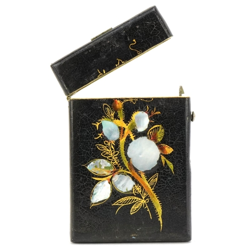 30 - A late 19th/early 20th century papier mâché card case with mother of pearl inlay and hand painted wi... 