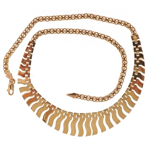 3045 - A Modernist 9ct two tone gold necklace, 43cm in length, 10.8g.