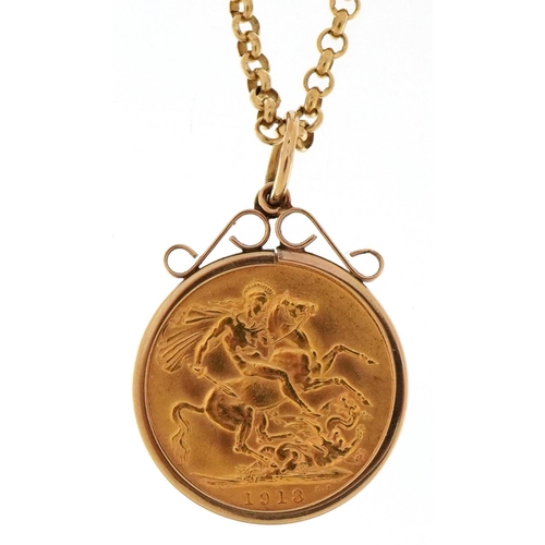 A George V 1913 gold sovereign housed in a 9ct gold pendant mount on a 9ct gold Belcher link necklace, 44cm in length, total weight 15.9g.