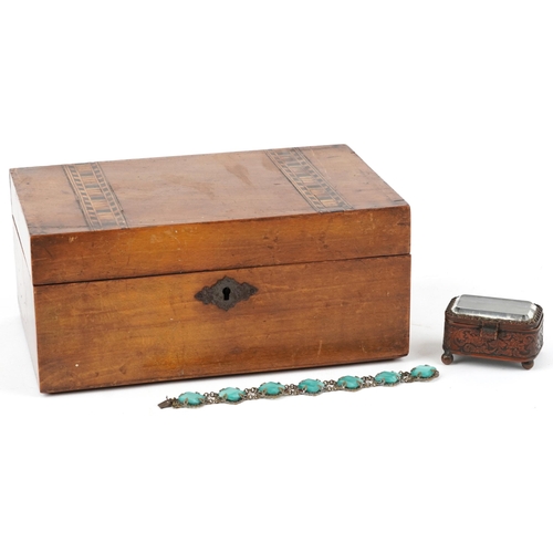 2591 - A Victorian walnut jewellery box, the hinged lid revealing a removable tray, W-23cm, together with a... 