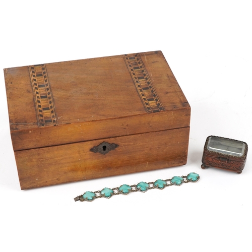 2591 - A Victorian walnut jewellery box, the hinged lid revealing a removable tray, W-23cm, together with a... 