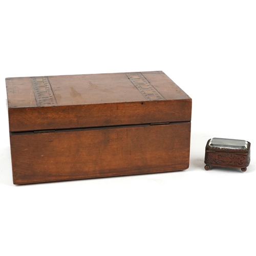 2591 - A Victorian walnut jewellery box, the hinged lid revealing a removable tray, W-23cm, together with a... 