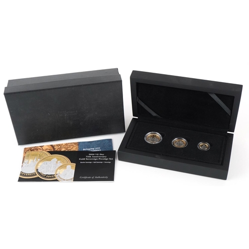 A 2020 VE Day 75th Anniversary gold sovereign Prestige set comprising sovereign, half sovereign and quarter sovereign, total weight 14.0g, with box and certificate by Hattons of London.