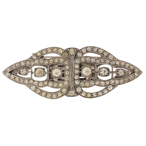 3419 - An Art Deco silver and paste set two piece brooch/hair clip, 7cm wide, 33.4g.