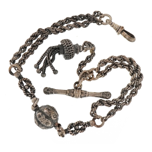 3415 - A Victorian unmarked silver and white metal ladies watch chain with tassel and T bar, 27cm in length... 