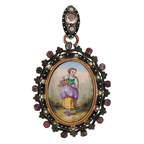 An antique yellow metal and enamel mourning locket finely hand painted with a female with flowers, set with pink stones and seed pearls, 5cm high, 12.5g.