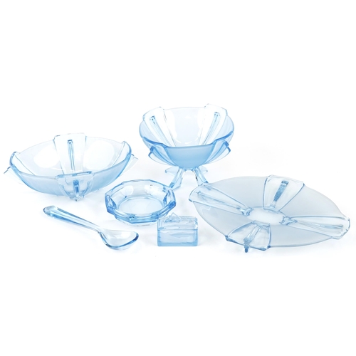 2529 - A group of Art Deco blue press moulded glass items including a platter, two centrepiece bowls, ashtr... 