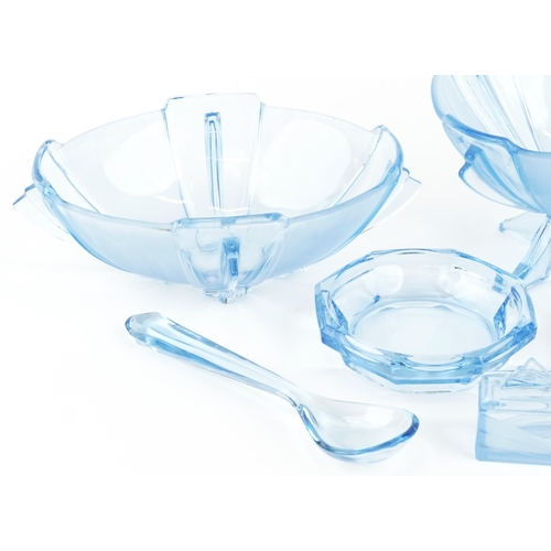 2529 - A group of Art Deco blue press moulded glass items including a platter, two centrepiece bowls, ashtr... 