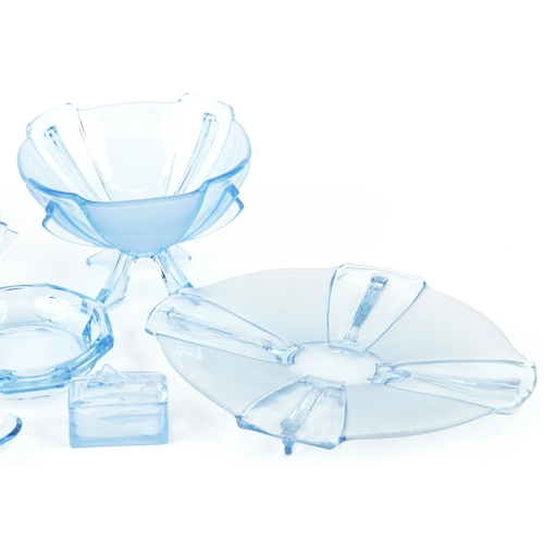 2529 - A group of Art Deco blue press moulded glass items including a platter, two centrepiece bowls, ashtr... 