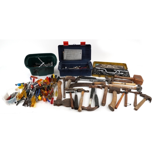 2573 - A collection of assorted hand tools including hammers, screwdrivers, spanners and socket sets.