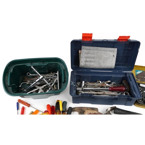 2573 - A collection of assorted hand tools including hammers, screwdrivers, spanners and socket sets.