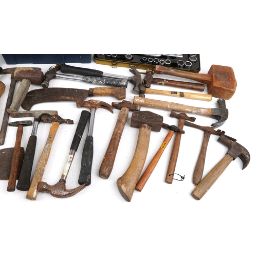 2573 - A collection of assorted hand tools including hammers, screwdrivers, spanners and socket sets.