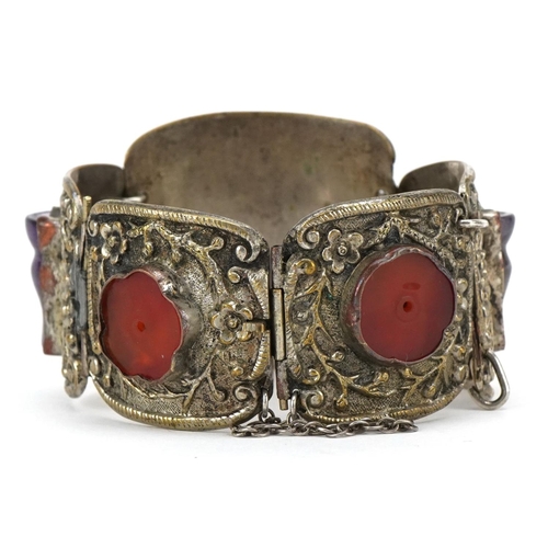 378 - A Chinese export silver plated bracelet inset with hardstones, 20th century, with foliate decoration... 