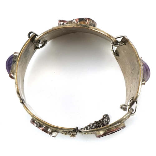 378 - A Chinese export silver plated bracelet inset with hardstones, 20th century, with foliate decoration... 