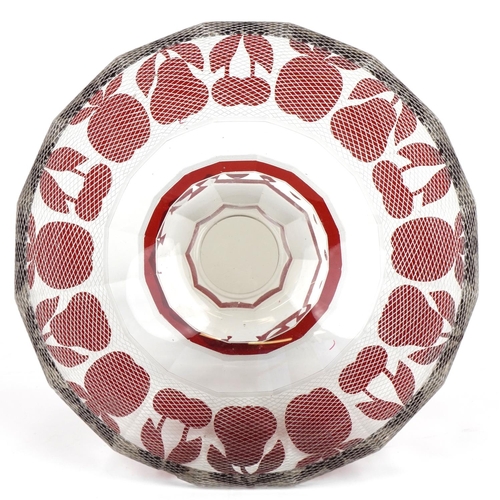 2553 - An Art Deco Bohemian flash overlaid glass footed bowl decorated with pineapple, pears and cherries, ... 