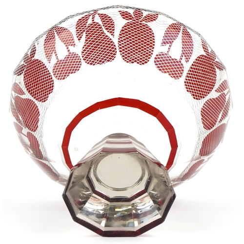 2553 - An Art Deco Bohemian flash overlaid glass footed bowl decorated with pineapple, pears and cherries, ... 