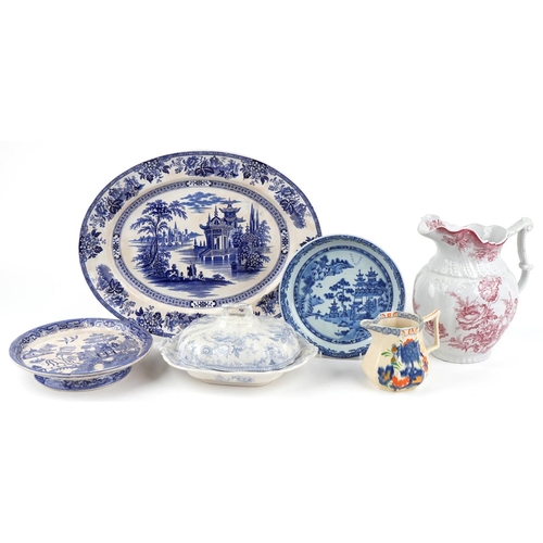 2614 - A large Doulton Burslem blue and white platter, 51cm wide, together with a blue and white tureen and... 