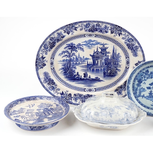 2614 - A large Doulton Burslem blue and white platter, 51cm wide, together with a blue and white tureen and... 