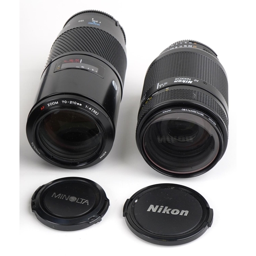 1187 - Two cameras and lenses comprising a Minolta 7000 together with a Minolta AF 70-210 lens and Nikon F-... 