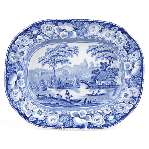 1603 - An early 19th century blue and white transfer printed Wild Rose pattern serving platter, 43cm wide.