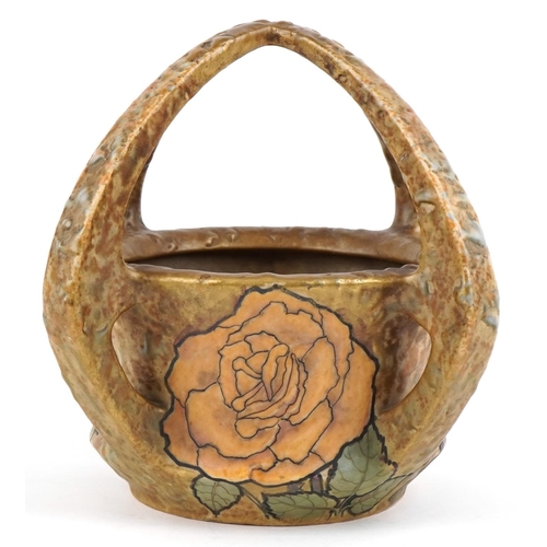 217 - An Art Nouveau Bohemia Amphora pottery vase circa 1900, decorated with roses, with four stylized han... 