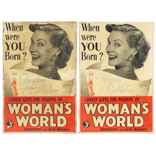 Two Woman's World Brightest & Best Weekly advertising tin signs, 75cm x 49.5cm.