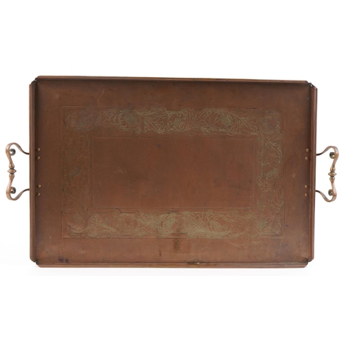 107 - An Arts & Crafts beaten copper tray by Eustace Brothers with brass stylized handles and engraved fol... 