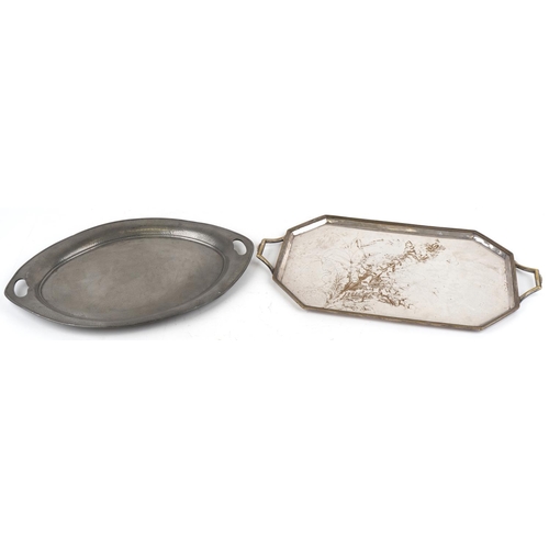 497 - Two Arts & Crafts twin handled trays including a planished pewter example, the largest 61cm wide.