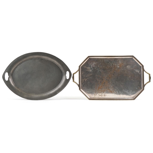 497 - Two Arts & Crafts twin handled trays including a planished pewter example, the largest 61cm wide.