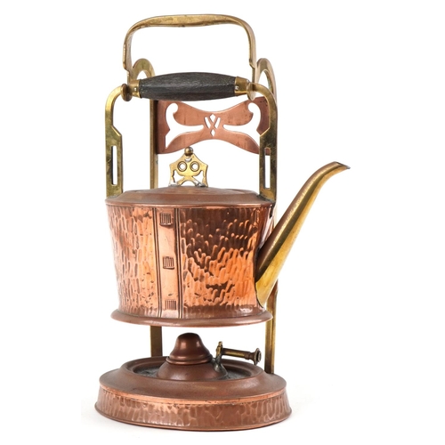 162 - A German Art Nouveau copper and brass spirit kettle on stand with burner by Gebrüder Bing, 36cm high... 