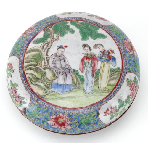 223 - A Chinese cloisonné dish and cover, late 19th/early 20th century, with hand painted decoration, bear... 