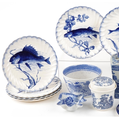 2612 - A small collection of 19th century blue and white transfer printed ceramic items including a cheese ... 