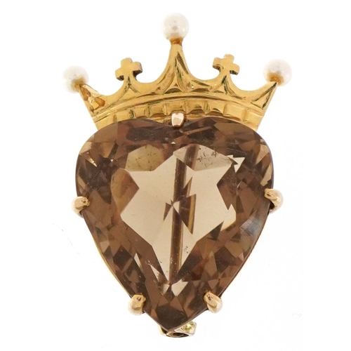 A 9ct gold smoky quartz and seed pearl brooch in the form of a love heart with a crown, 3.3cm high, 9.5g.