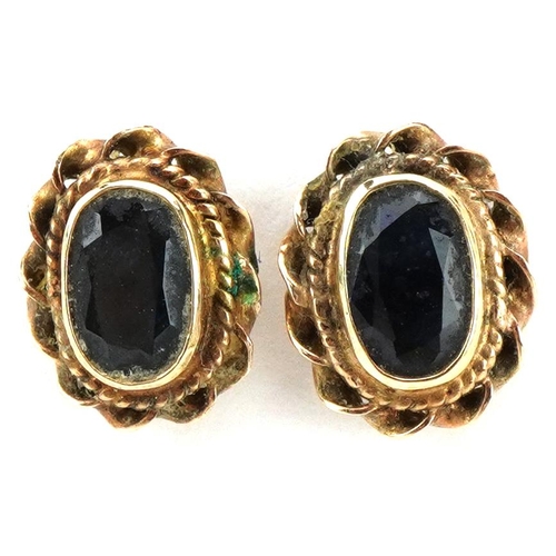 3412 - A pair of 9ct gold sapphire stud earrings, 9.5mm high, total 1.4g.