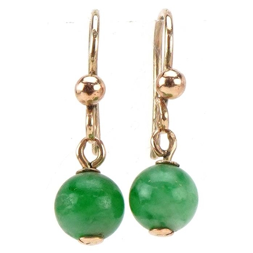 A pair of unmarked gold green jade bead earrings, 1.9cm high, total 1.3g.