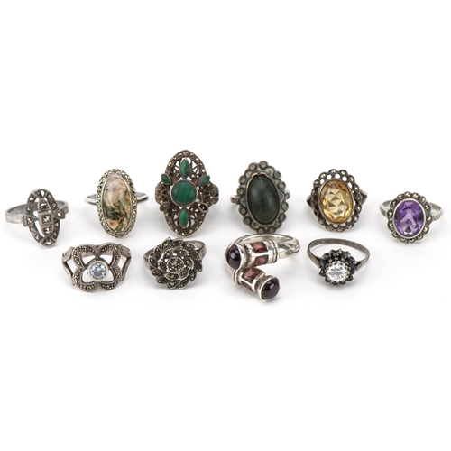 3712 - Ten vintage and later silver rings set with semi precious stones including marcasite, amethyst, garn... 