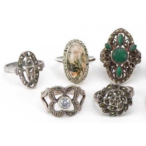 3712 - Ten vintage and later silver rings set with semi precious stones including marcasite, amethyst, garn... 