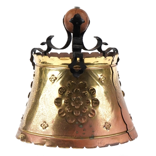 359 - An Arts & Crafts brass and wrought iron light shade pierced and embossed with flower heads, 33cm hig... 