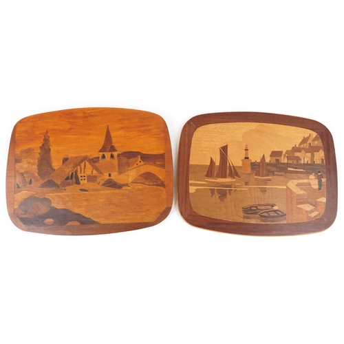 399 - Two similar early 20th century marquetry inlaid panels, one of a harbour scene, the other of a churc... 