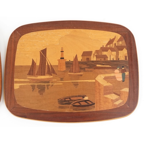 399 - Two similar early 20th century marquetry inlaid panels, one of a harbour scene, the other of a churc... 